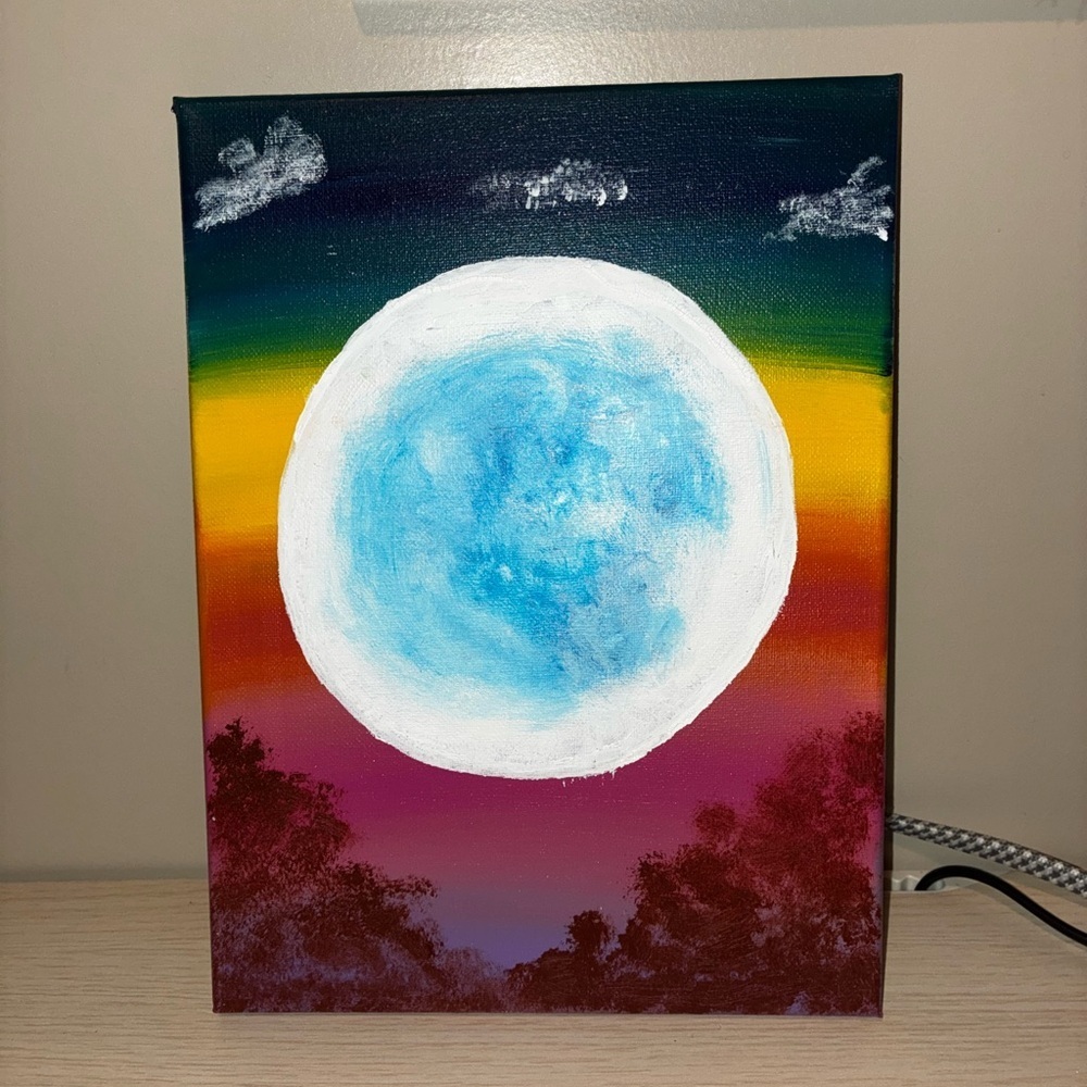 Rainbow Night Full Moon Hand Painted Wall Art 9x12 Canvas